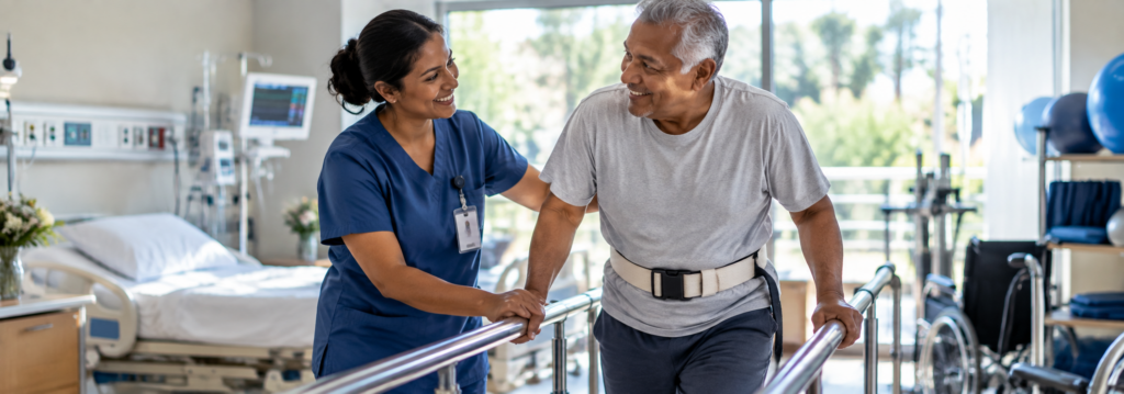 Healthcare professional assisting an older patient with walking exercises